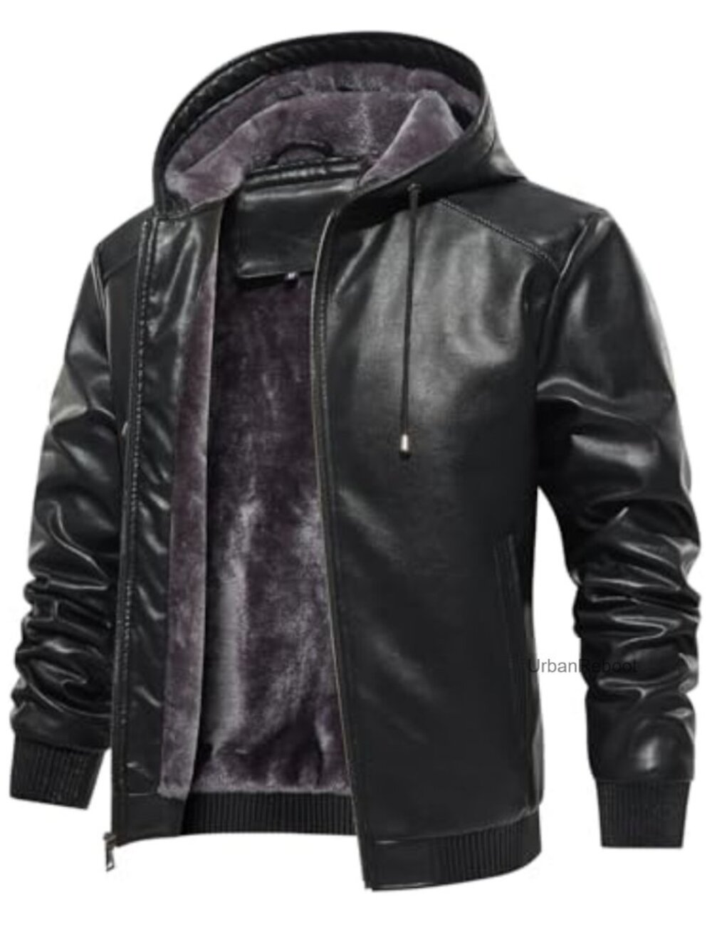 Men's Faux Leather Fleece Padded Bomber Motorcycle Jacket with Hood